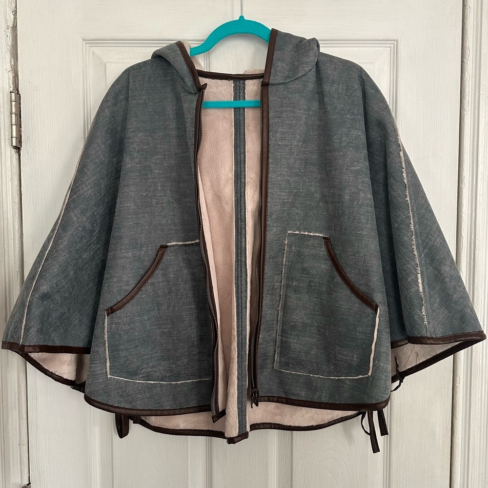 Anthropologie Hooded Poncho, One Size, Blue/Cream, Reversible